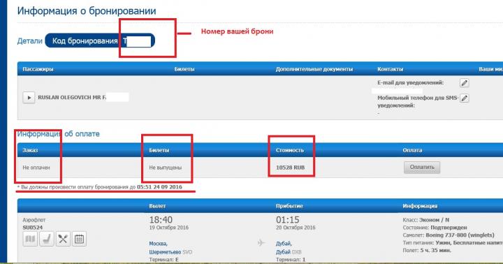 Booking air tickets online without paying Aeroflot